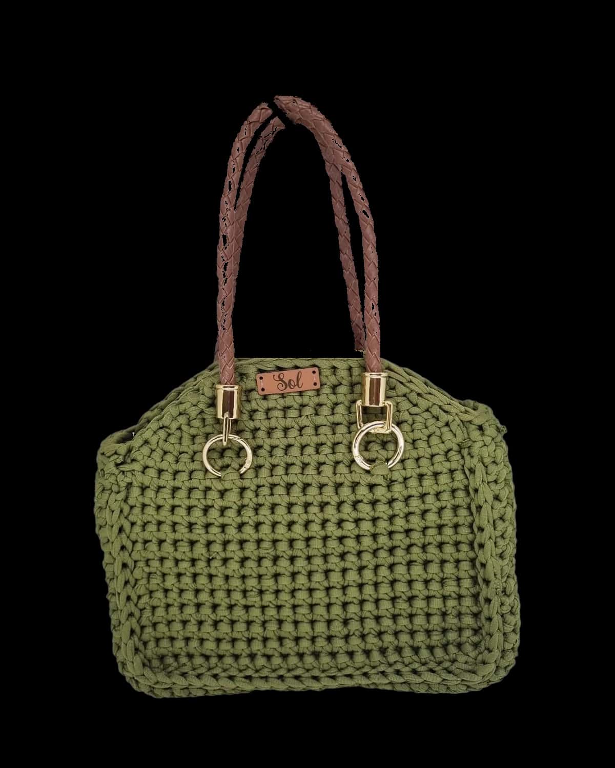 Bolsa Los Angeles verde-militar com alças tipo couro trançado, foto de catálogo em fundo neutro
