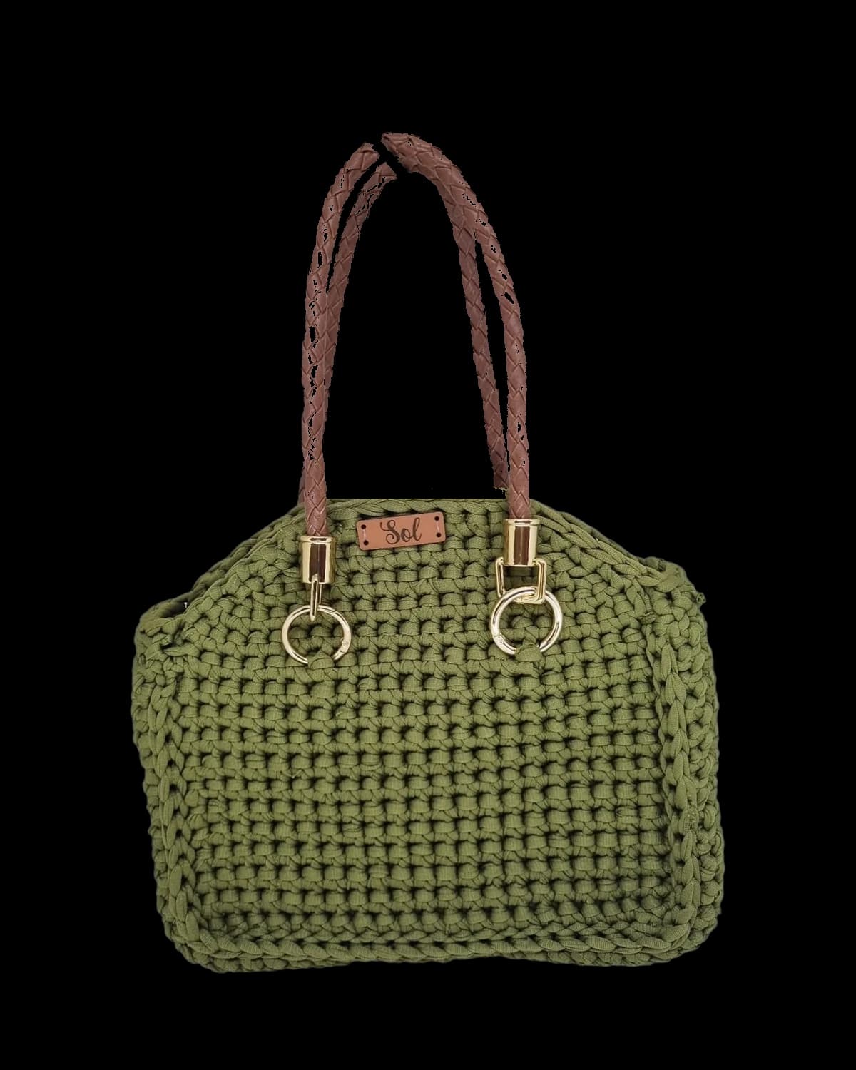 Bolsa Los Angeles verde-militar com alças tipo couro trançado, foto de catálogo em fundo neutro